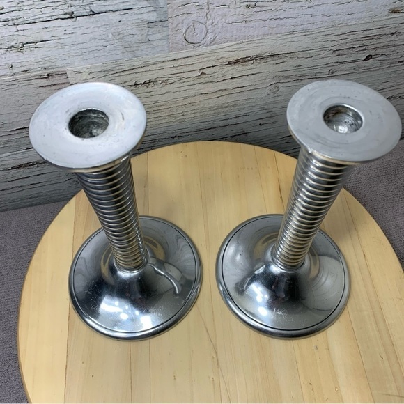 vintage Chrome Art Deco Inspired Tall Candlestick Holder Set Swirled Leg Stand - Picture 5 of 11